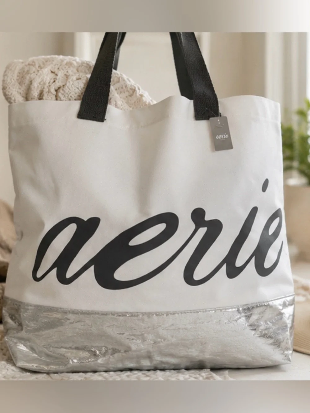 NWT Aerie Oversized Logo Tote Bag – White & Metallic Silver